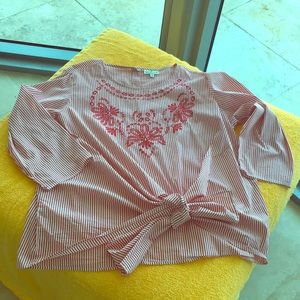 Candy Striped embroidered tie waist blouse